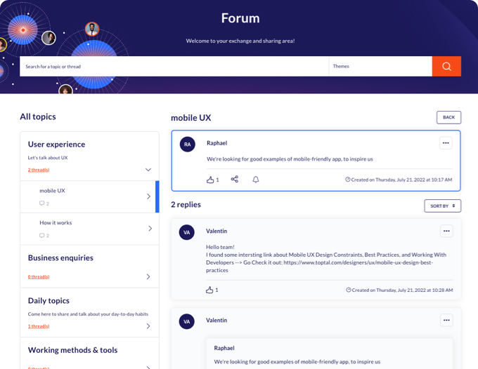 Screenshot of the Forum module on the Yumana platform