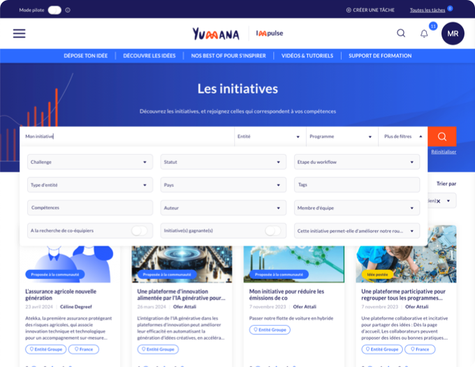 Screenshot du moteur de recherche des initiatives sur la plateforme Yumana