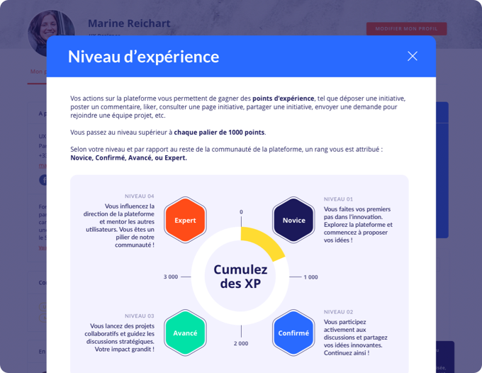 Screenshot montrant les différents niveaux d’expérience d’un utilisateur sur la plateforme