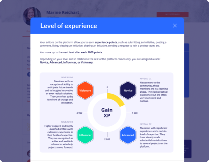 Screenshot showing the different levels of user experience on the innovation management software