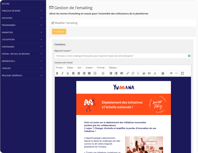 Screenshot du module de gestion d’emailing intégré à la plateforme Yumana