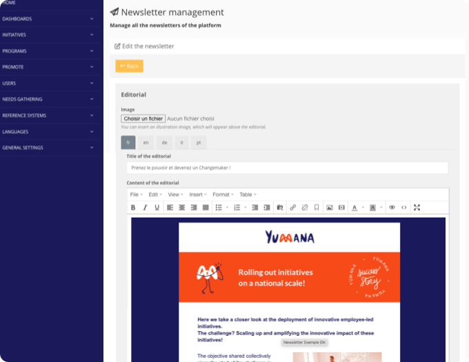 Screenshot of the email management module integrated into the Yumana innovation management software