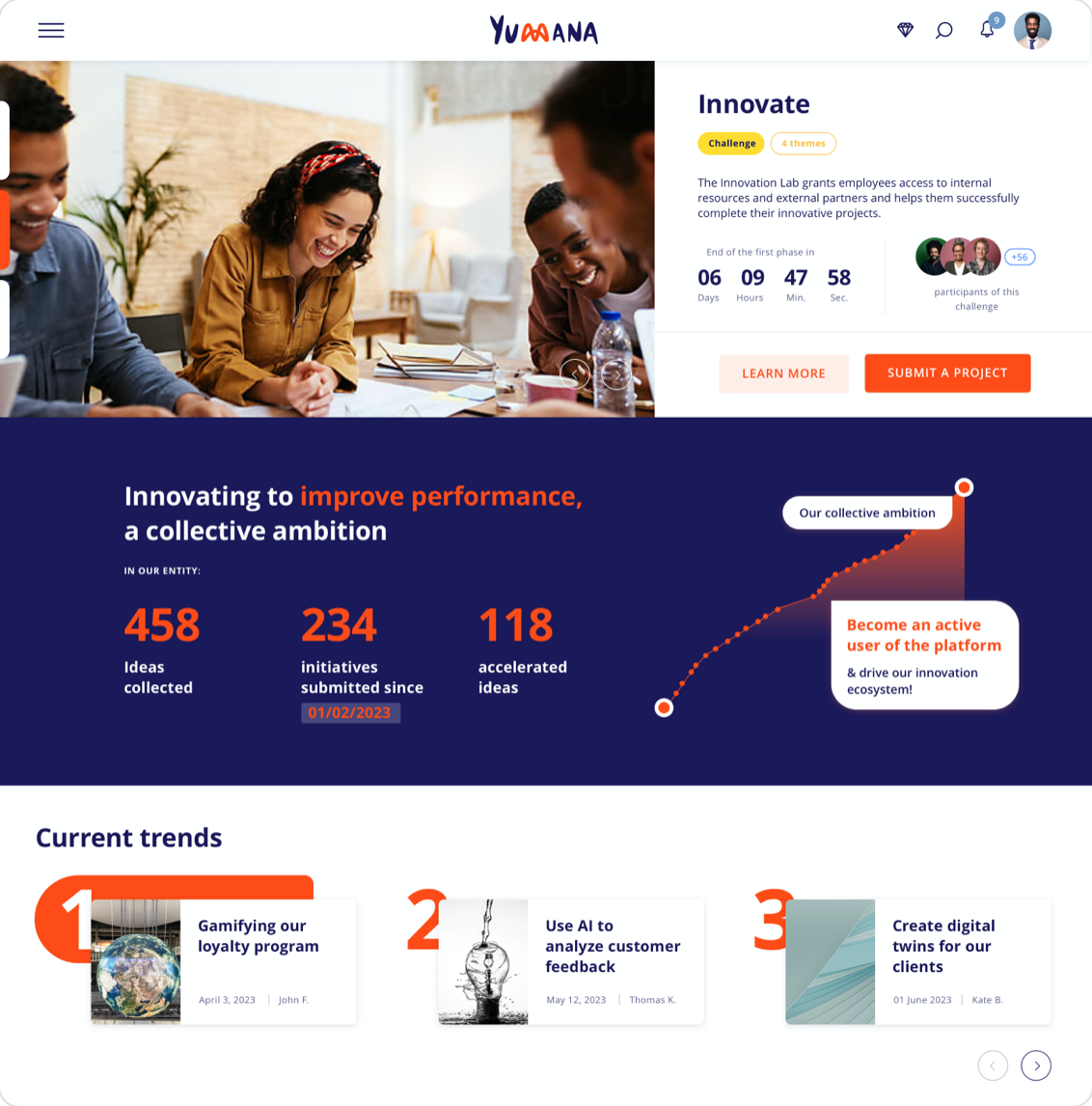 Screenshot of an innovation challenge platform’s homepage