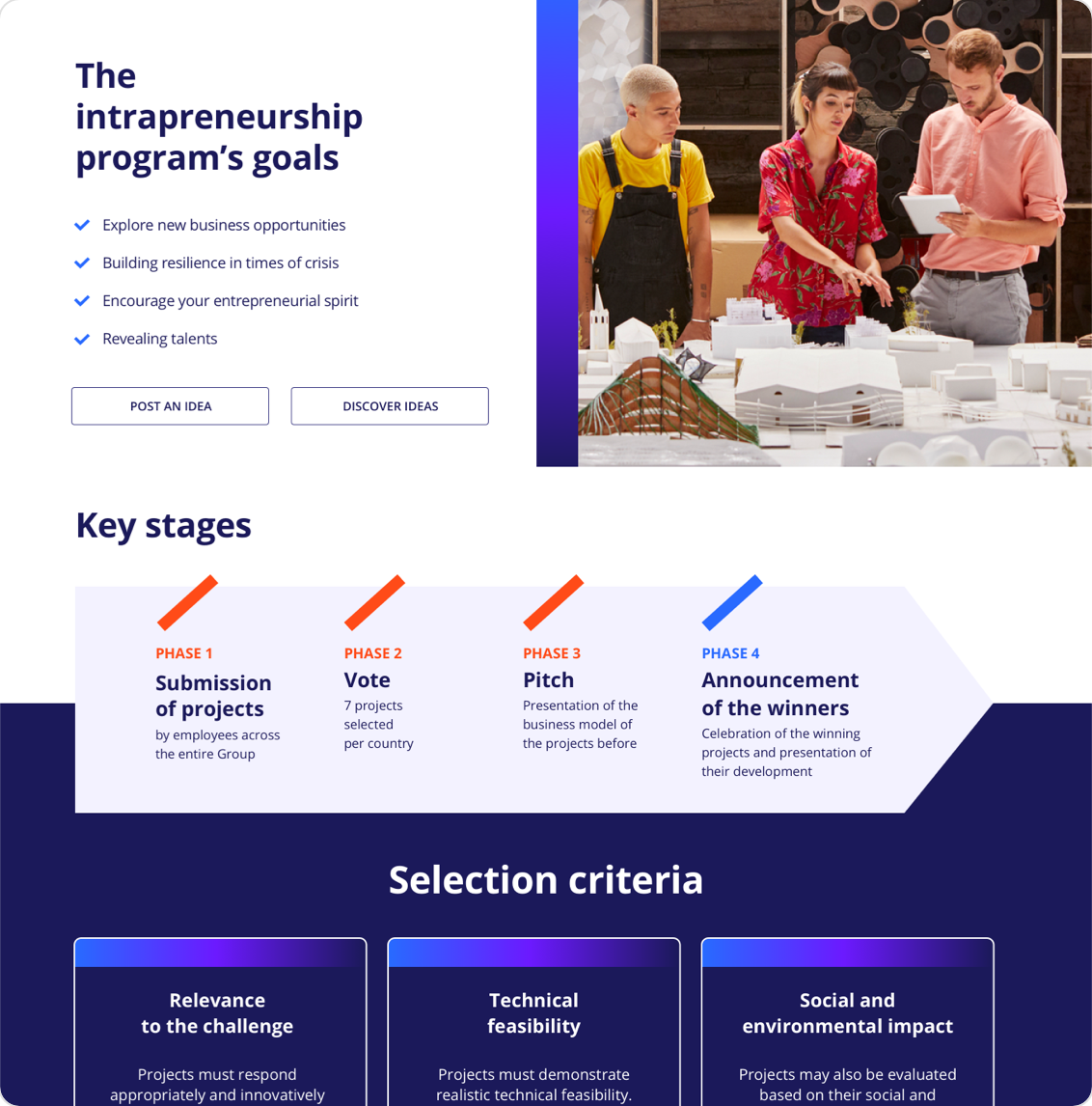 Screenshot of an intrapreneurship platform home page
